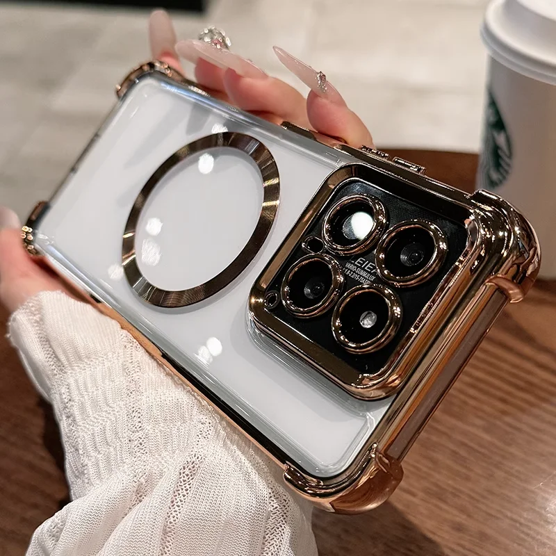 Transparent Anti-Yellowing Plating Case with Built-in Lens Film and Magnetic Shockproof Protection