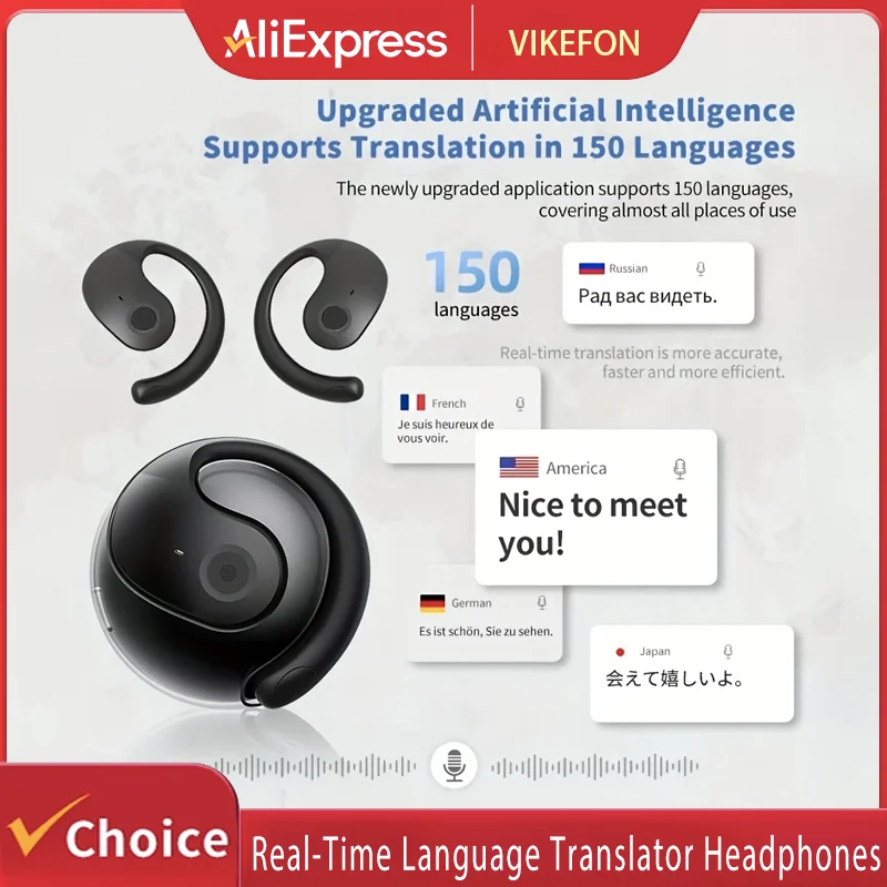 Wireless BT AI Real-time Language Translation Earphones 144 Languages Ear Hanging Headphone Translator for Travel Business