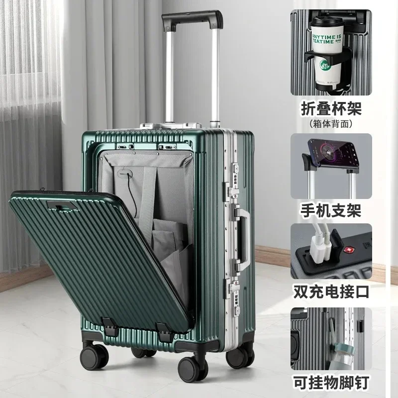 

New Suitcase Front Opening Aluminum Frame Rolling Luggage Spinner USB Cup Holder Phone Stand Cabin Carrier Unisex Travel Bag