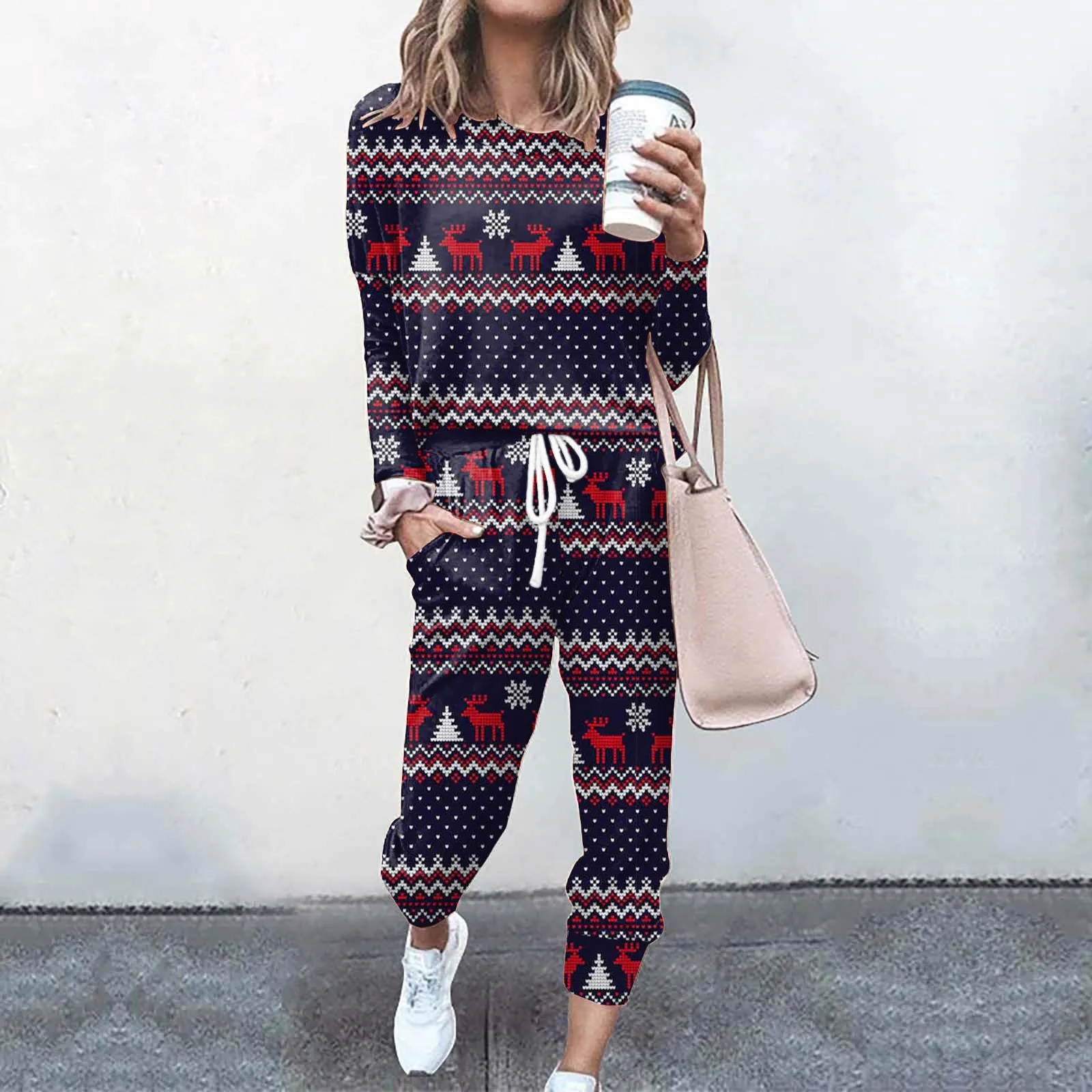 

Christmas holiday Two Piece Set women Crew Neck Long Sleeve Christmas Printed Trousers Loose Hoodie Pant autumn winter home wear
