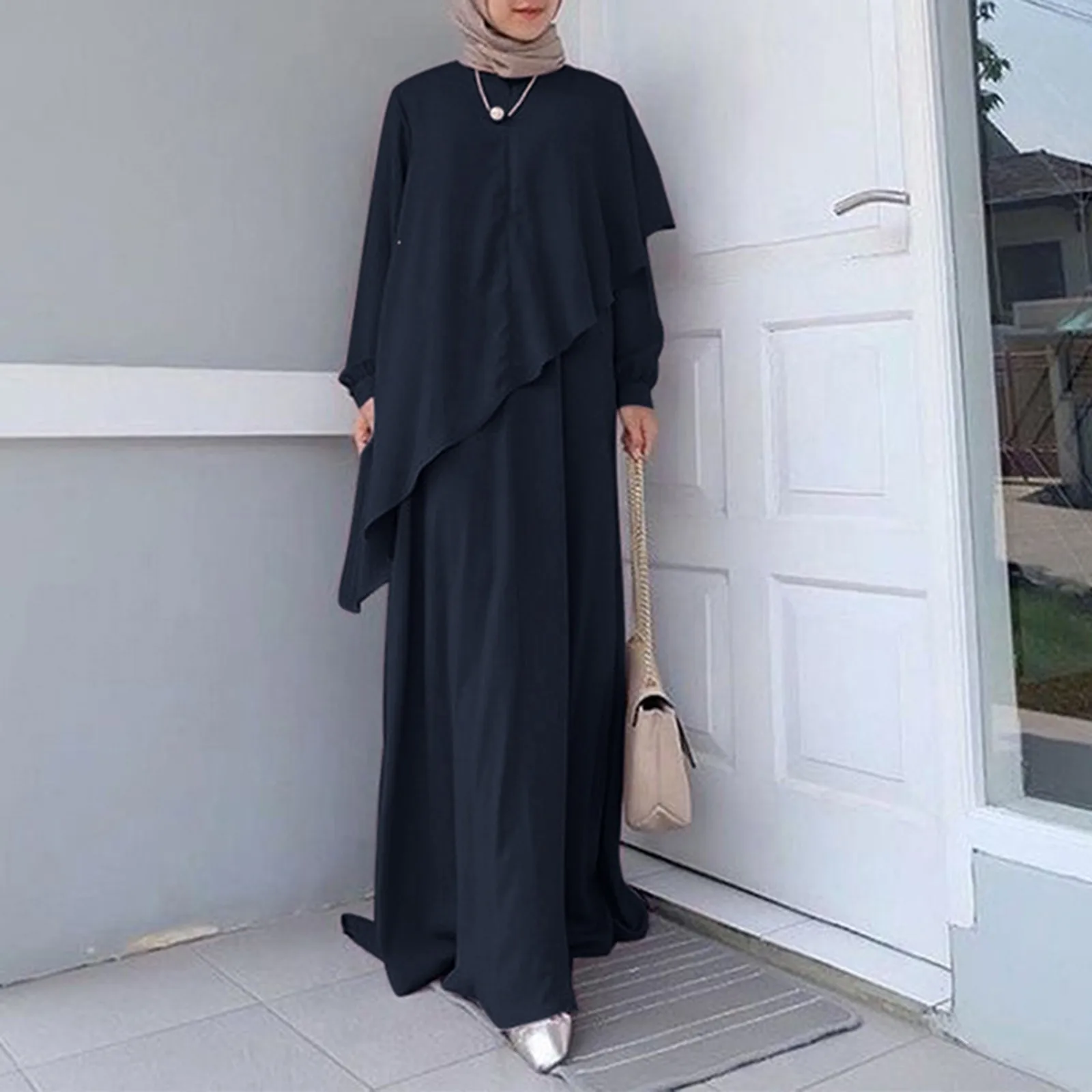 

Eid Women Muslim Abaya Dress Solid Color Muslim Sundress Pockets Long Sleeve Dress Vintage Pullover Robe Prayer Clothes Dress