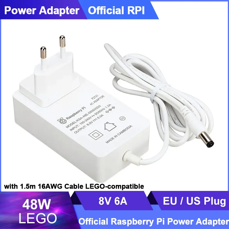 

Блок питания Raspberry Pi, 48 Вт, 8 в, 6 А, с кабелем 1,5 м 16awg