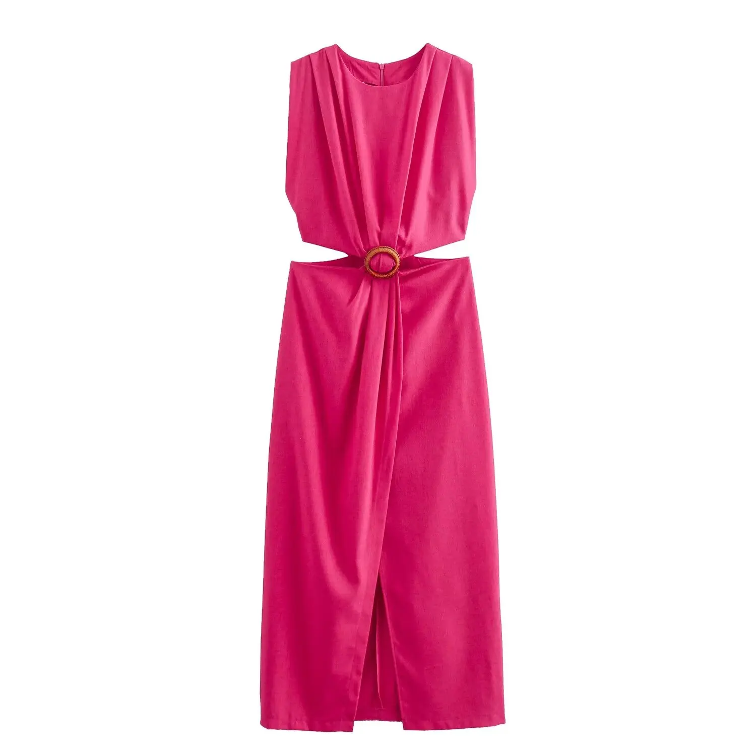HH TRAF 2024 Vestido largo informal para mujer, liso, cuello redondo, sin mangas, abertura en la cintura, cremallera, vestidos de verano para mujer, moda, 2 colores