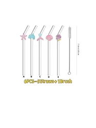Ocean - Themed Reusable Glass Straws - Curved and Easy to Clean, Ideal for Parties and Summer Drinks (Mix 5Straws 1Brush)