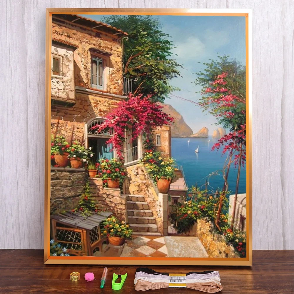 

Seaside Building Cross Stitch Kit Landscape 14CT 11CT Canvas Printed Sewing Scenery Pattern Embroidery DIY Kids Room Decor