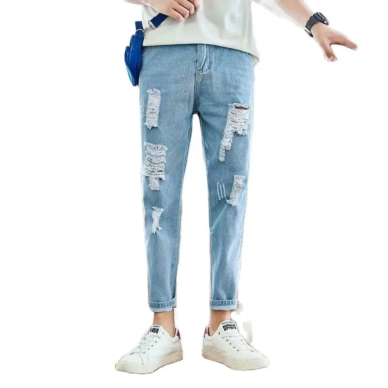 Summer 2022 New Beggar Personality Ripped Hole Denim Jeans Men Cowboy Korean Slim Feet Casual Ankle Length Teenagers Men Pants