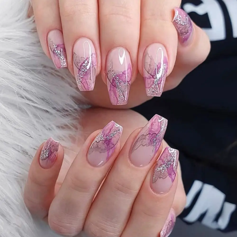 

Long Ballerina False Nails Fashion Sparkling Snowflake Nail Tips Full Cover Detachable Fake Nails DIY