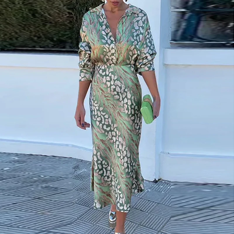 

Женский Атласный Костюм с принтом, элегантный комплект из двух предметов, рубашка с длинными рукавами, воротником на пуговицах и юбка с высокой талией, весна-лето