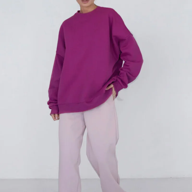 Purple Round New Neck Cotton Loose Pullover Woman Clothes Long Sleeve Simple Winter Sweatshirt Women Fashion Casual Sporty 2021