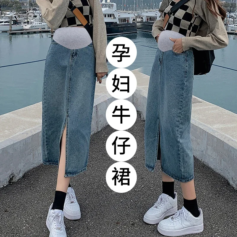 9059# Autumn Korean Fashion Denim Maternity Skirts Side Splits Elastic Waist Belly Clothes for Pregnant Women Casual Pregnancy