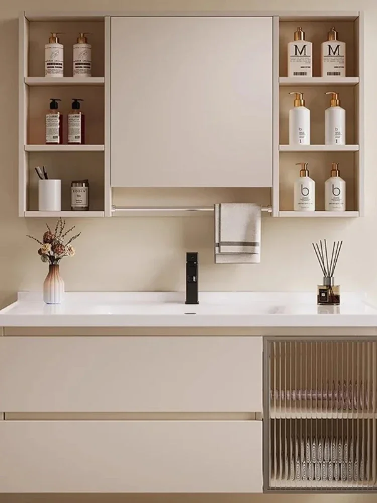 Nordic Luxury Cream Style Smart Bathroom Cabinets Wall-mounted Storage Fog Removal Vanity Combo Fashion Simple Furniture FYBC