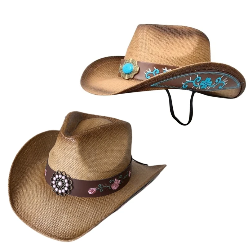 S1Y1 Western Cowboy Hats with Adjustable Chin Rope Ethnic Hat for Adult Travel
