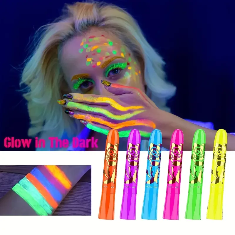 6Pcs UV Neon Face Painting Kit,Glow in the Dark Under UV Lights,Black Light Glow Makeup Kit,Washable Water Soluble Face Painting 4