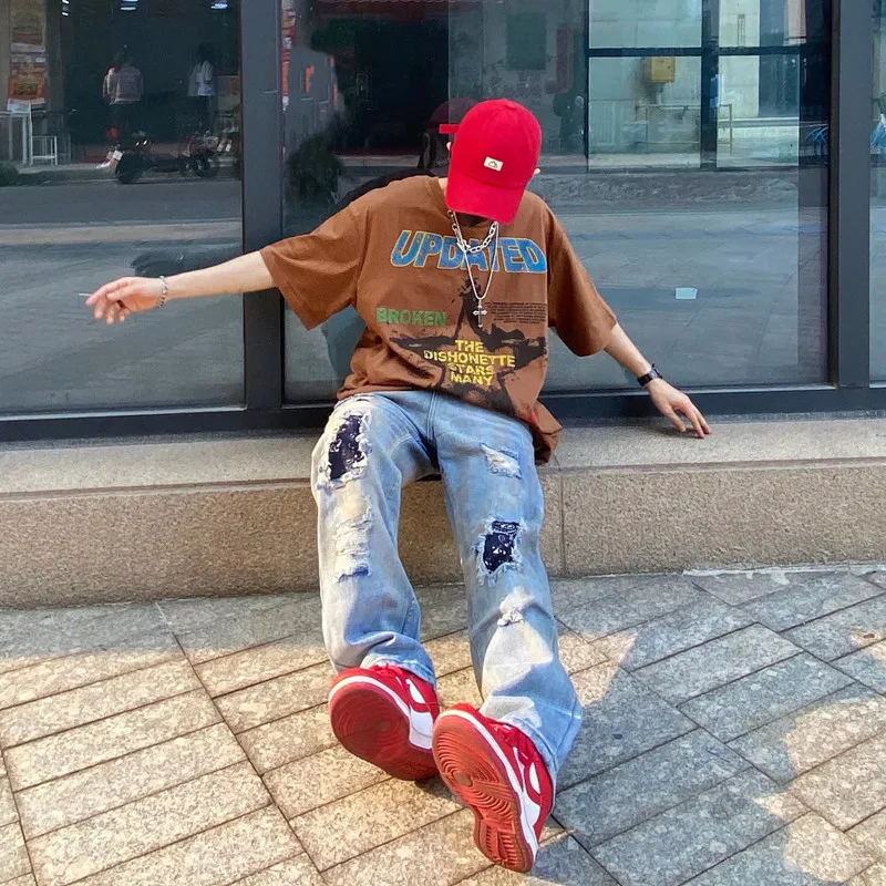 2022 High Street Cashew Patch Retro Washed Baggy Men Jeans Pants Hole Ripped Distressed Straight Hip Hop Denim Trousers Vaqueros