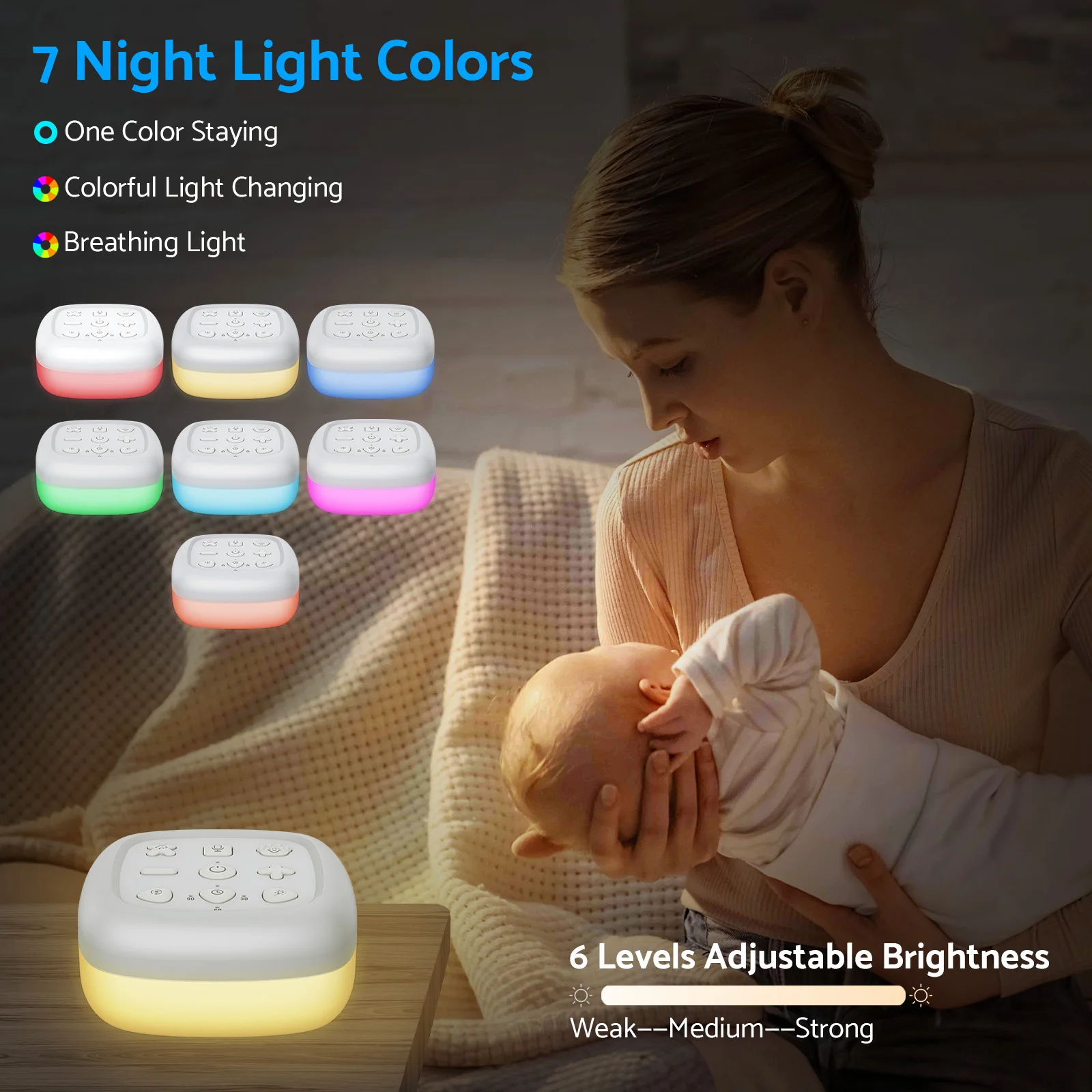 Portable White Noise Machine Baby 30 Sleep Sounds 7 Colour Baby Night Light 16 Levels Volume Adjustment with Memory Function