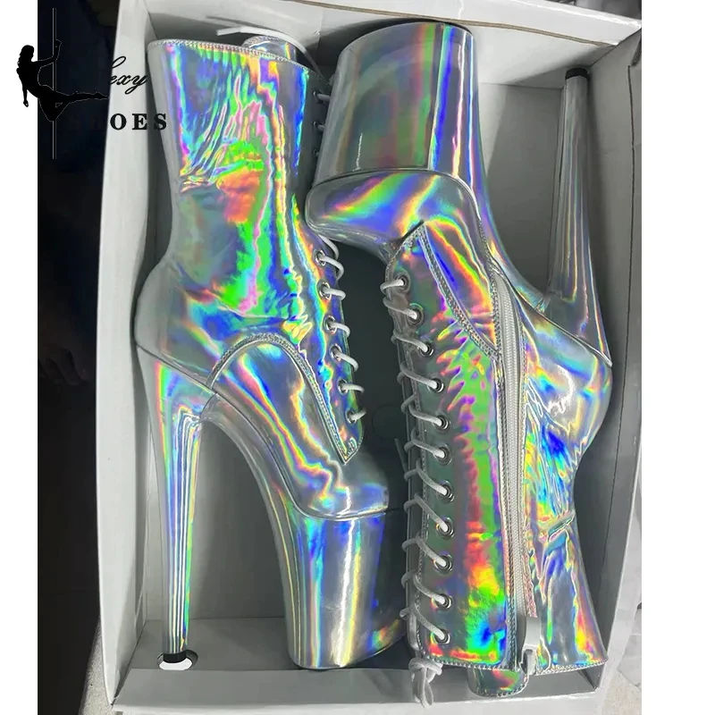 Luxury Women Boots Laser Vamp Fantastic Snake Pattern Strappy Ankle Boots Sexy Fetish Stiletto Large Size  Zip Waterproof Party