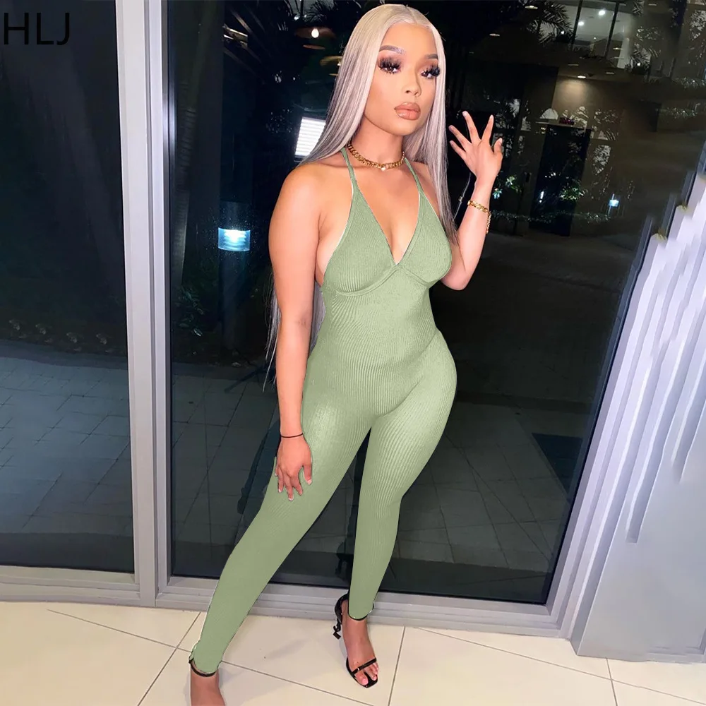 HLJ Sexy Ribber Bodycon Suspenders Jumpsuits Women Solid Color Sleeveless Slim Playsuits Casual Female Sporty One Piece Overalls