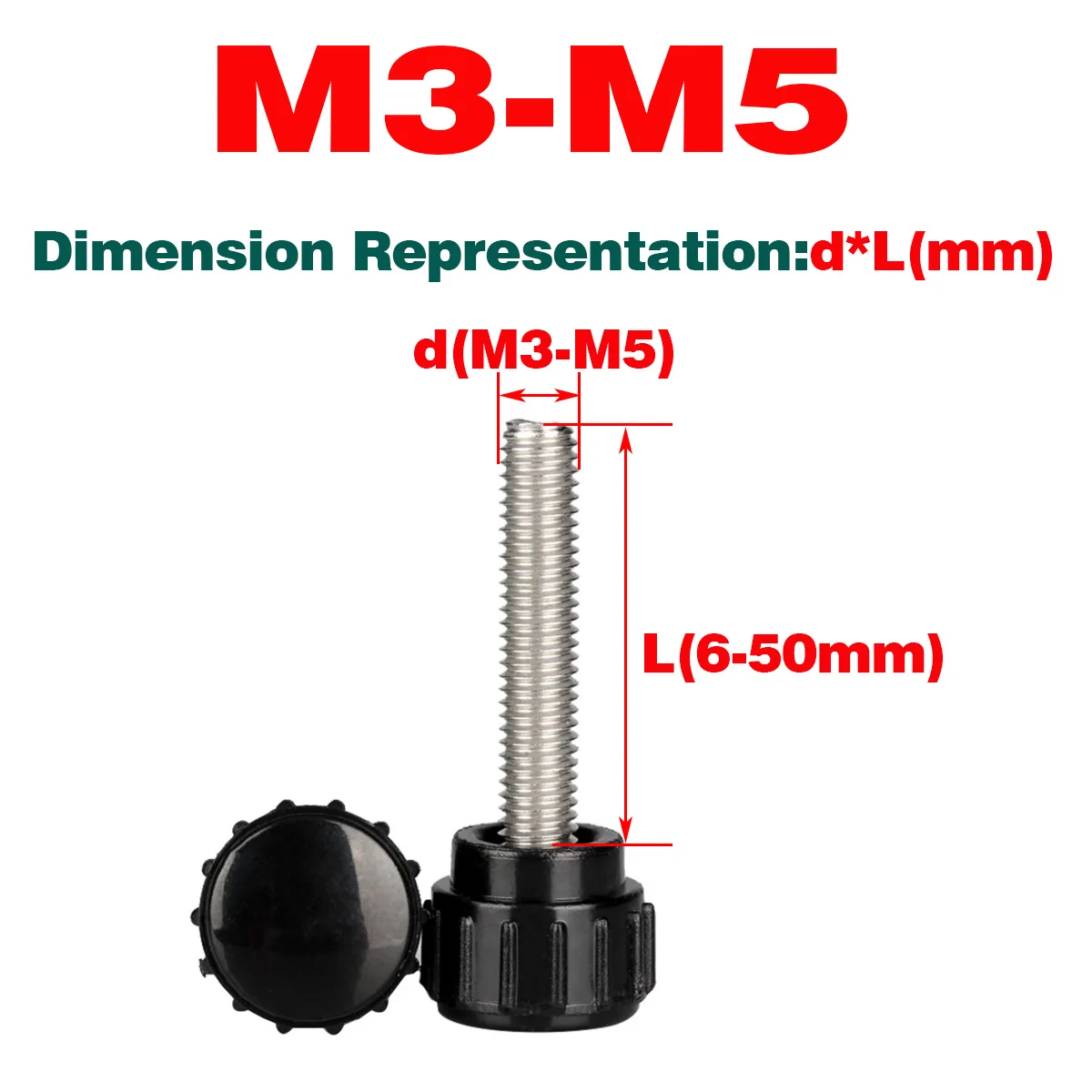 

304 SS Black Round Head Rubber Head Straight Thread Hand Screw Bolt M3M4M5