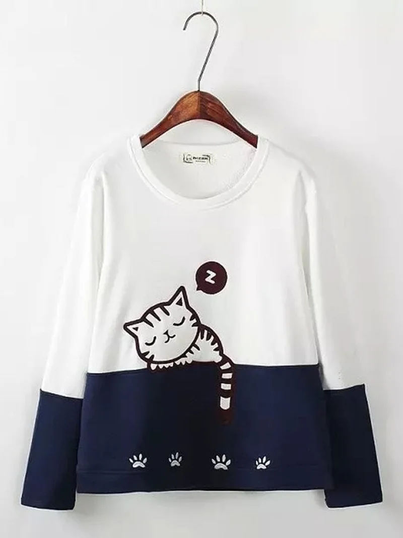Women Cartoon Cat Embroidery Sweatshirts O-Neck Long Sleeve Animal Pullovers Autumn Winter Warm Color Matching Tops Streetwear