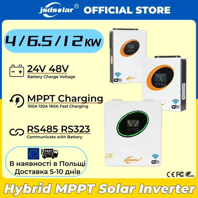 Onduleur solaire hybride jsdsolar 4KW 11KW 6500W 230VAC MPPT 120A avec chargeur solaire 500VDC, entrée PV, onde sinusoïdale pure, Wifi, RS485, BMS 1