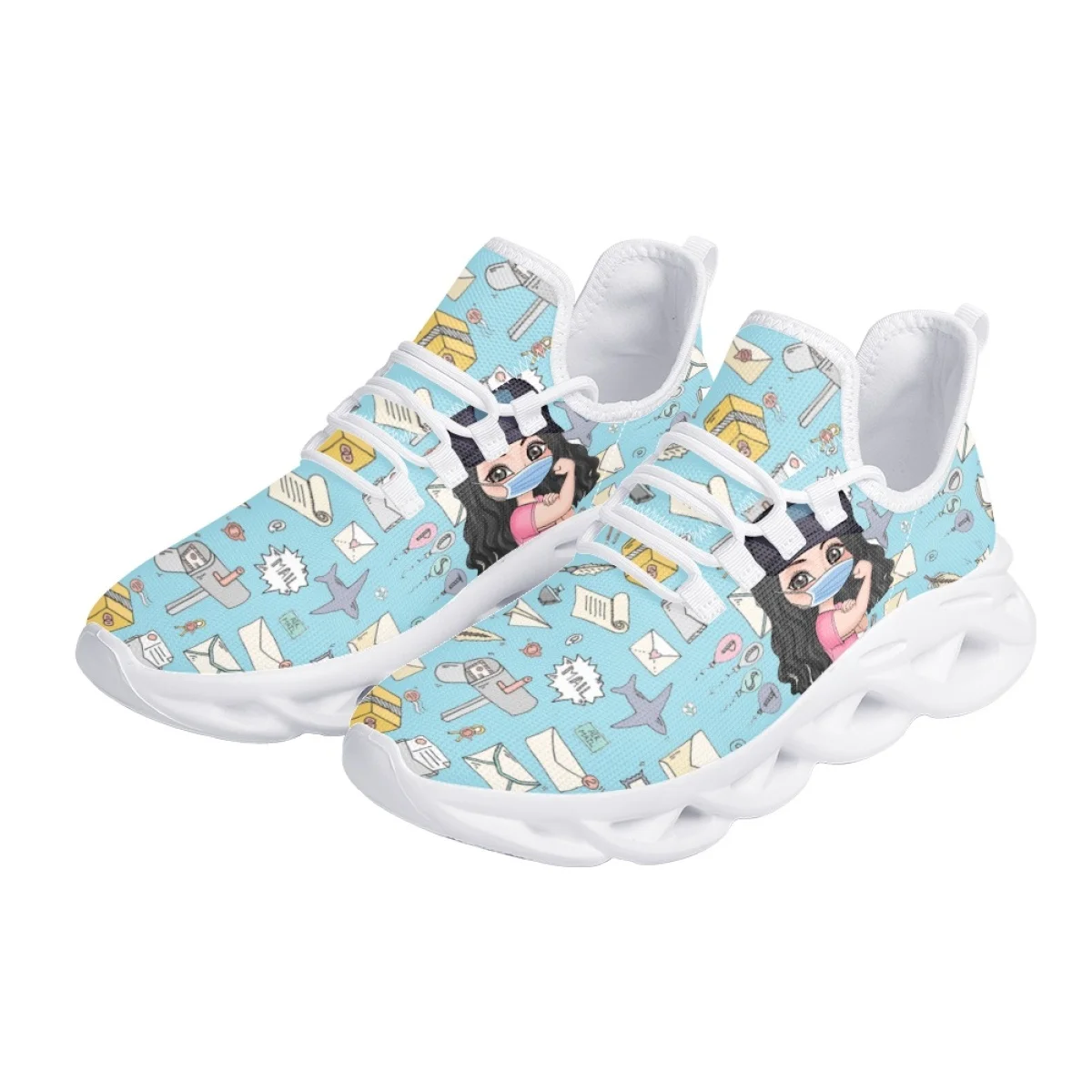 INSTANTARTS Cartoon Strong Girls Pattern Mesh Sneakers for Women Lightweight Lace-up Flat Shoes Wear Resistant Cushion Footwear