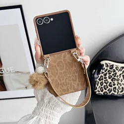 Luxury Leopard Print Phone Case with Hairball Strap for Galaxy Z Flip 7 (B)