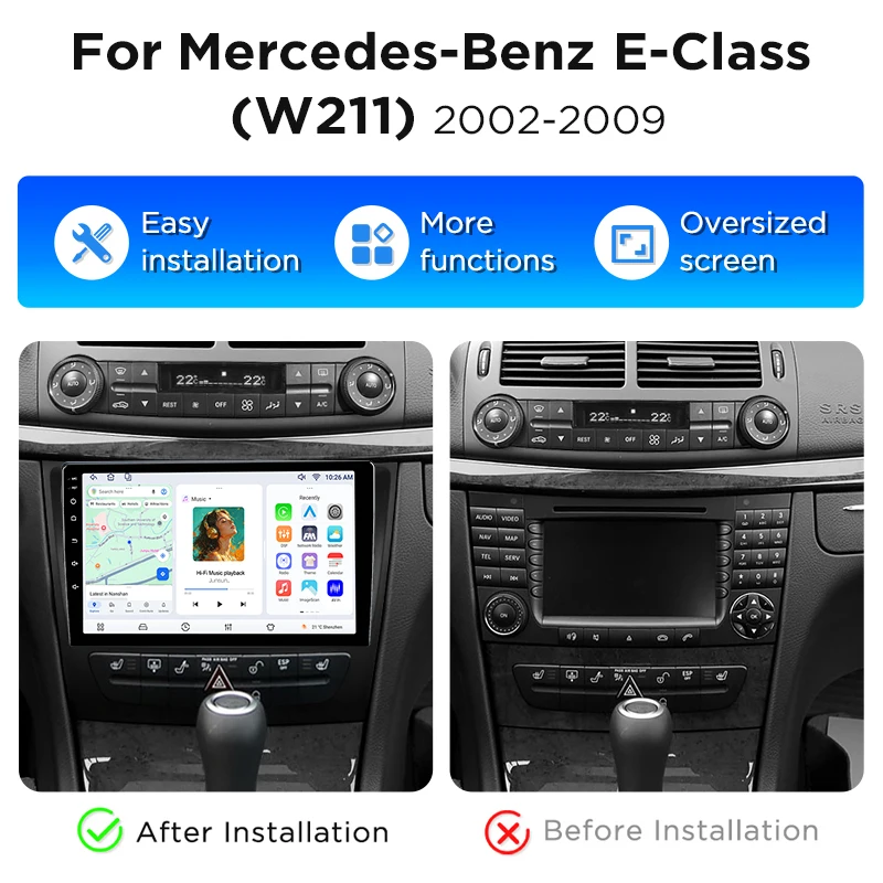 Radio de coche Junsun con CarPlay inalámbrico y Android Auto para Mercedes-Benz Clase E (W211) 2002-2009, con ventilador de refrigeración integrado, navegación GPS Android, reproductor multimedia, WiFi, DSP, RDS, BT, SWC, pantalla táctil IPS, unidad principal de autorradio estéreo. 2