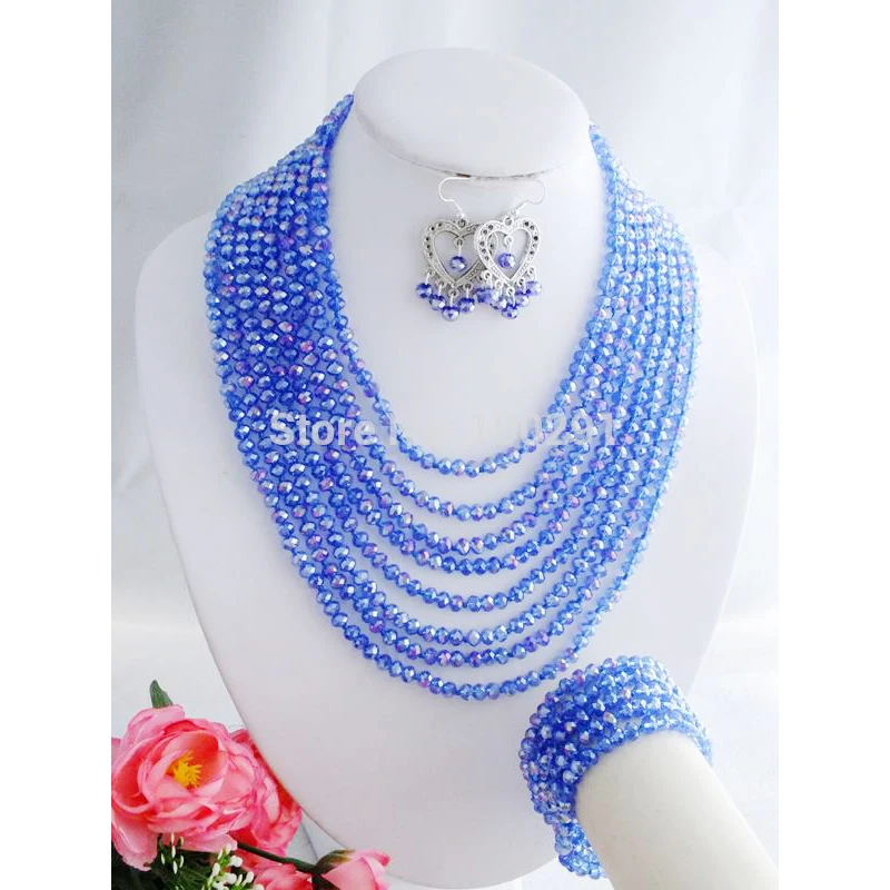 

Fashion 8 Rows Crystal Jewelry Set, African Wedding Beads Necklace 18-26"