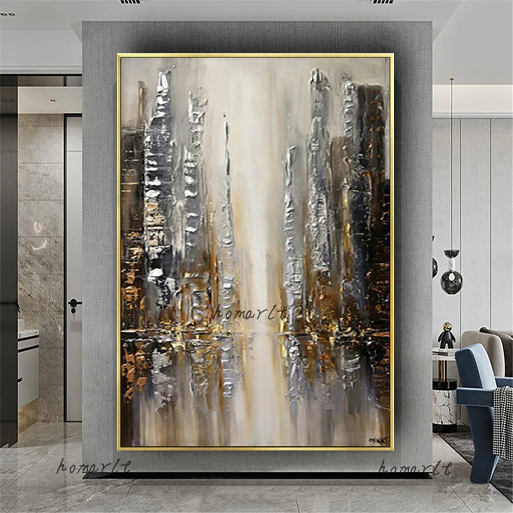 

Large Grey Abstract Graphic 100% Hand-Painted Building Canvas Picture Modern City Oil Painting Decor Wall Art New Design Poster