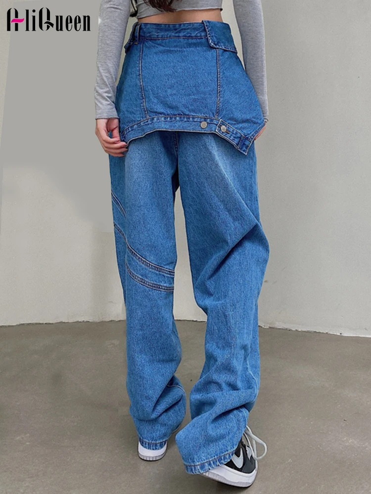 

Korea Retro High Waist Irregular Design Fake Two Piece Jeans Women Loose Blue Wide Leg Full Length Slouchy Jeans Pant Streetwear