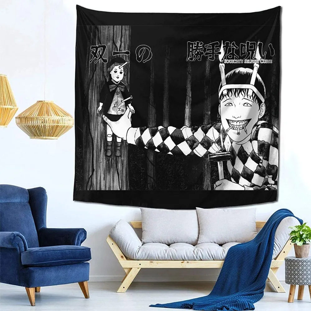 Japanese Horror Anime Wall Hanging Tapestry Weird Anime Tapestries Horror Kawaii Room Decor Decorative Mural Home Decor Tapiz tapestry decorations