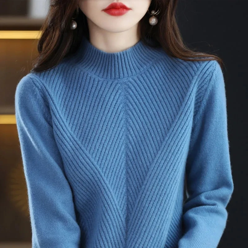 2023 Autumn Winter Women Sweaters Pullovers New Solid Half Turtleneck Twill Knitted Sweater Female Bottom Jumpers Tops Clothing