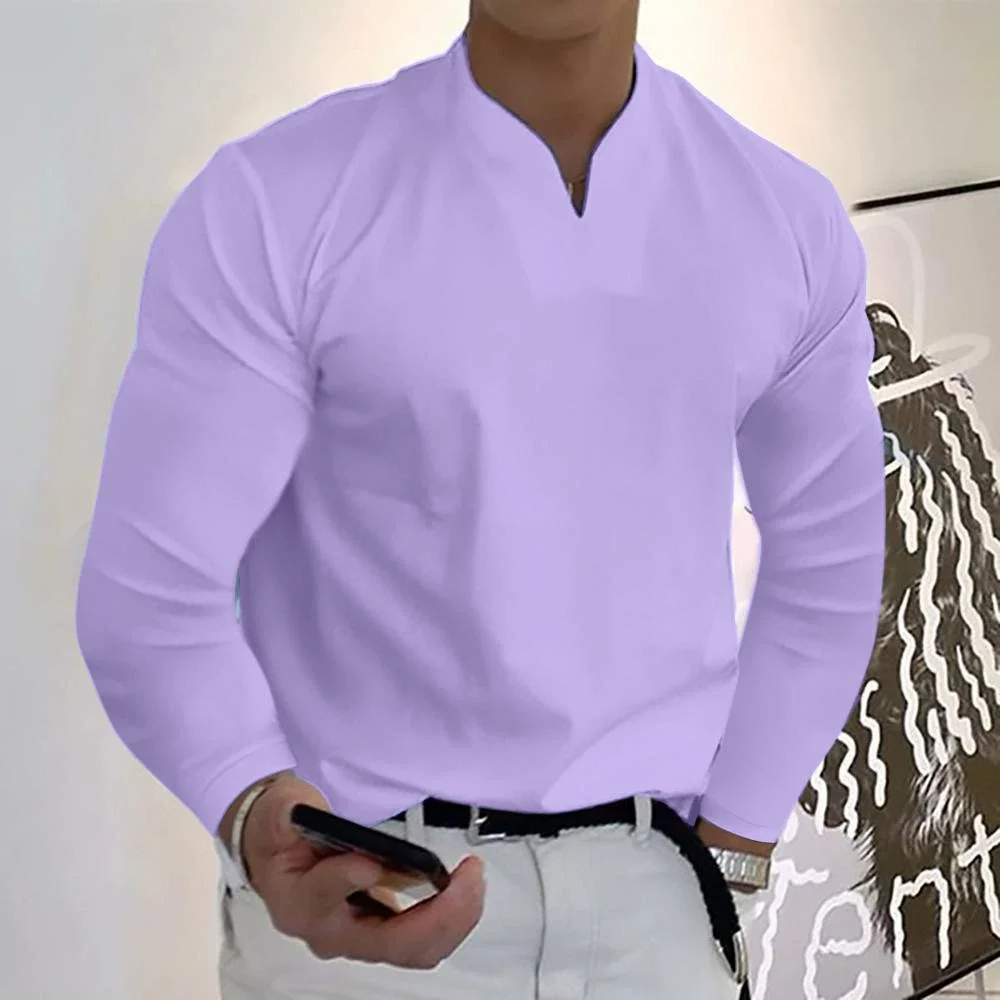 Herren Langarm-T-Shirt mit V-Ausschnitt, schmale Passform, lässiges Basic-Oberteil in Uni-Farbe