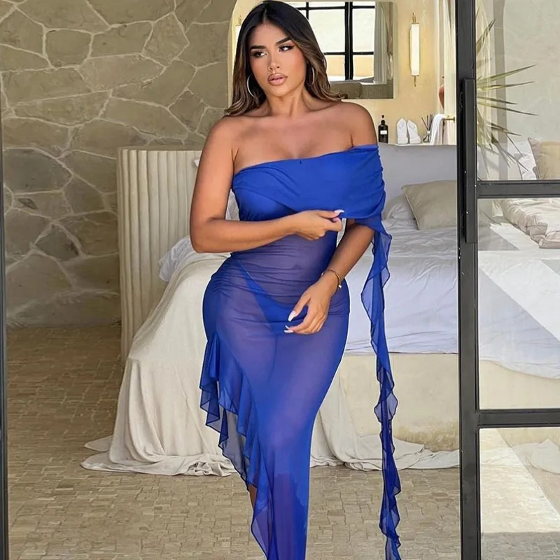 

Women's 2023 Fashion Solid Color Sexy Perspective Ruffle Edge Panel Bra Wrap Hip Dress Women's Dress
