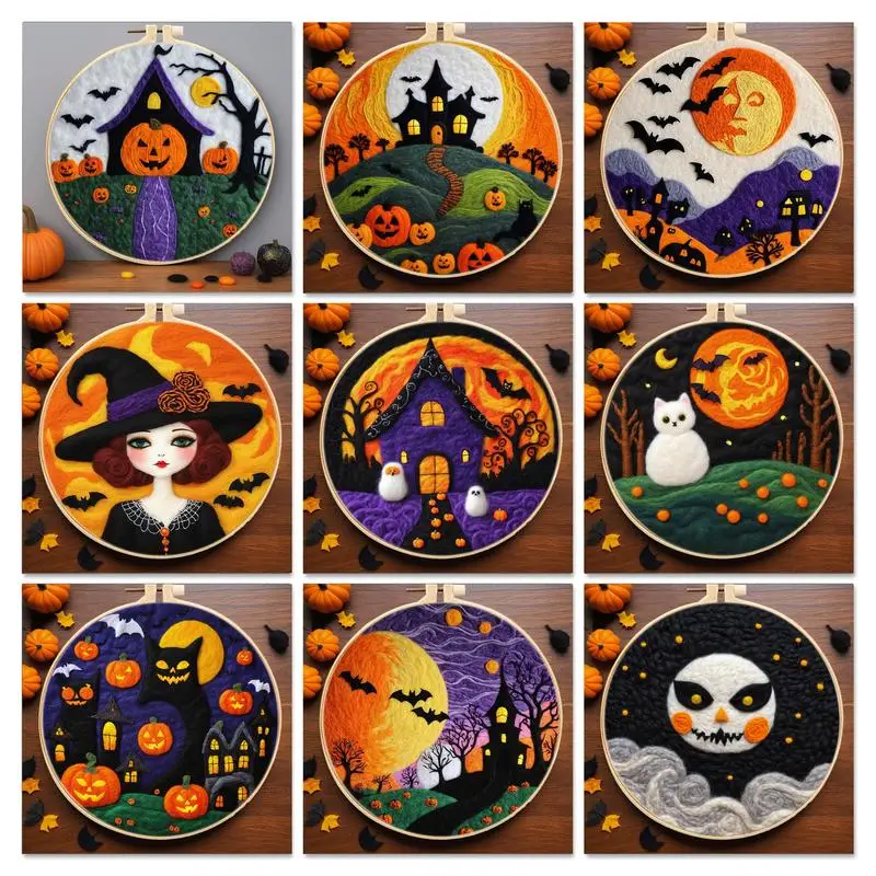 DIY Wool Needle Felting Black Cat Witch Pumpkin Halloween Gift Wool Felting Handmade Burlap Set With Embroidery Kit