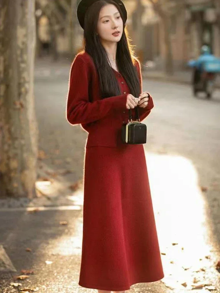 

2 Piece Set Skirt and Top 2024 Spring Autumn French V-neck Cardigan A-line Skirt Suit Dress Sets Korean Fashion Women's Clothing