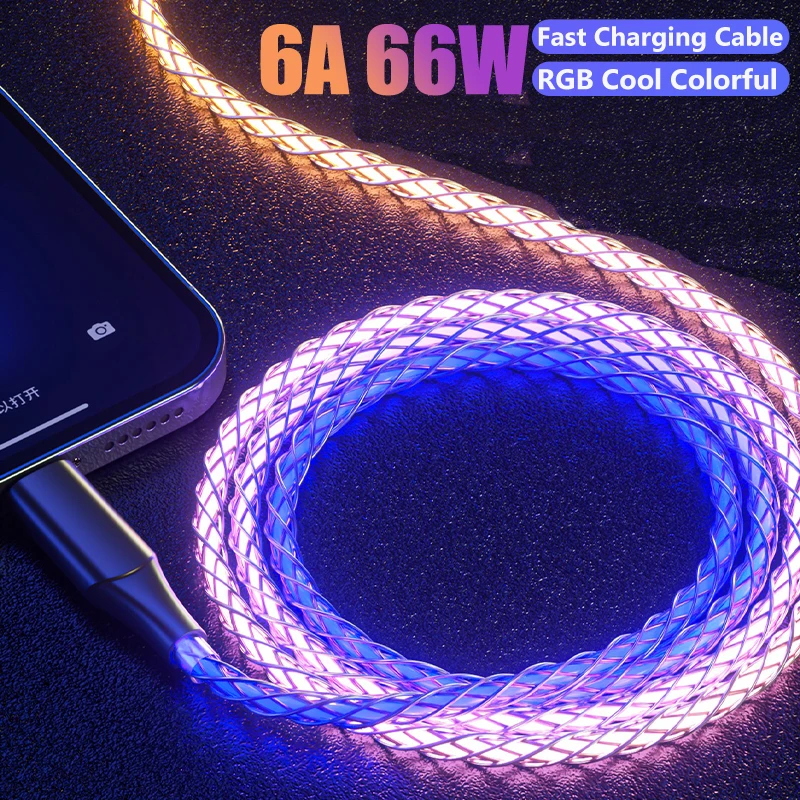 6A 66W Super Fast Charge Cable RGB Multicolor Gradient Light Data Cord for Huawei Mate 40 Pro Xiaomi 12 Mi 11 Samsung S22 S21 1M hdmi cable for android 