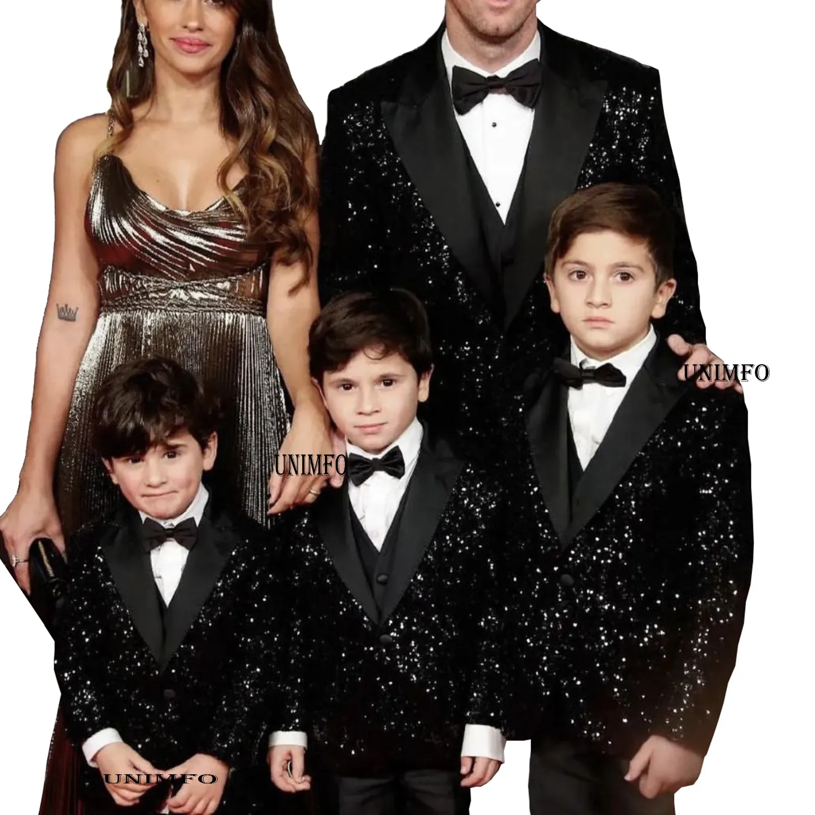 

Black Sequins King Boys Suits For Wedding Kids Birthday Party Formal Ring Bearer Father And Son (Jacket +Vest+Pants+Bow))