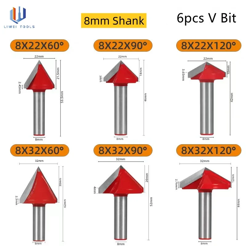 

1pc 8mm shank 3D V Bit Router Bits for Wood 60 90 120 150 deg Tungsten Woodworking Milling Cutter CNC Solid Carbide End Mill