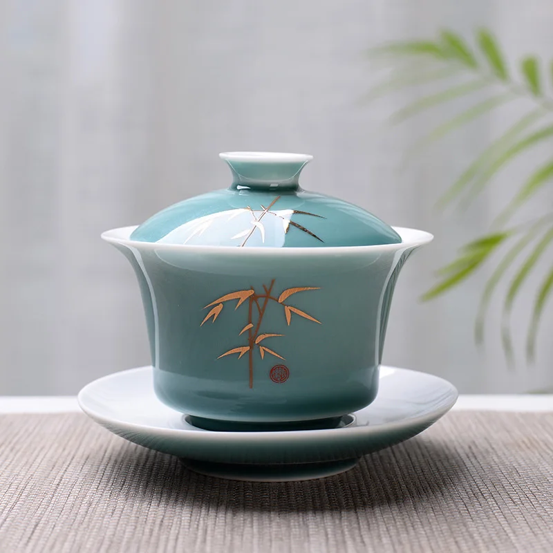 Obsidian Tea Tureen reed 150ml Advanced Kung Fu Bowl Porcelain Hand Painted Shen Puer Chawanmushi Bowls with Lid and Saucer Gai Wan Gaiwan Teacups ceremony cups in light-green