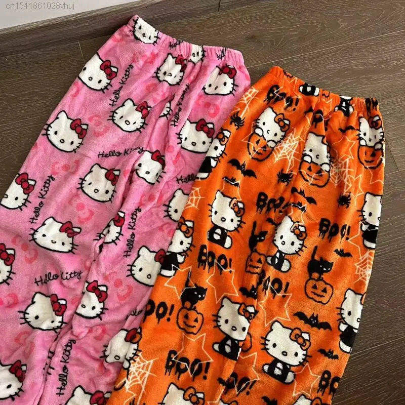 Sanrio Hello Kitty Plush Pajama Sleepwear Pants Women's Winter Halloween New Warm Casual Pjs Home Wear Pants Cute Fuzzy Trousers