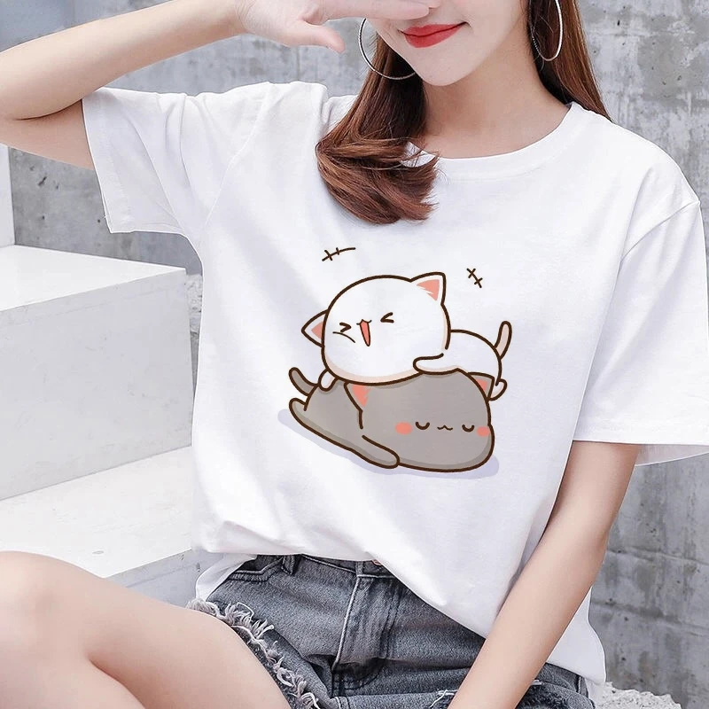 

Kawaii Busy Cat Print Ladies Cotton T-shirt Summer Harajuku Fashion Anime Pattern Women's Tee Hip-hop Top Trend Cute Gift