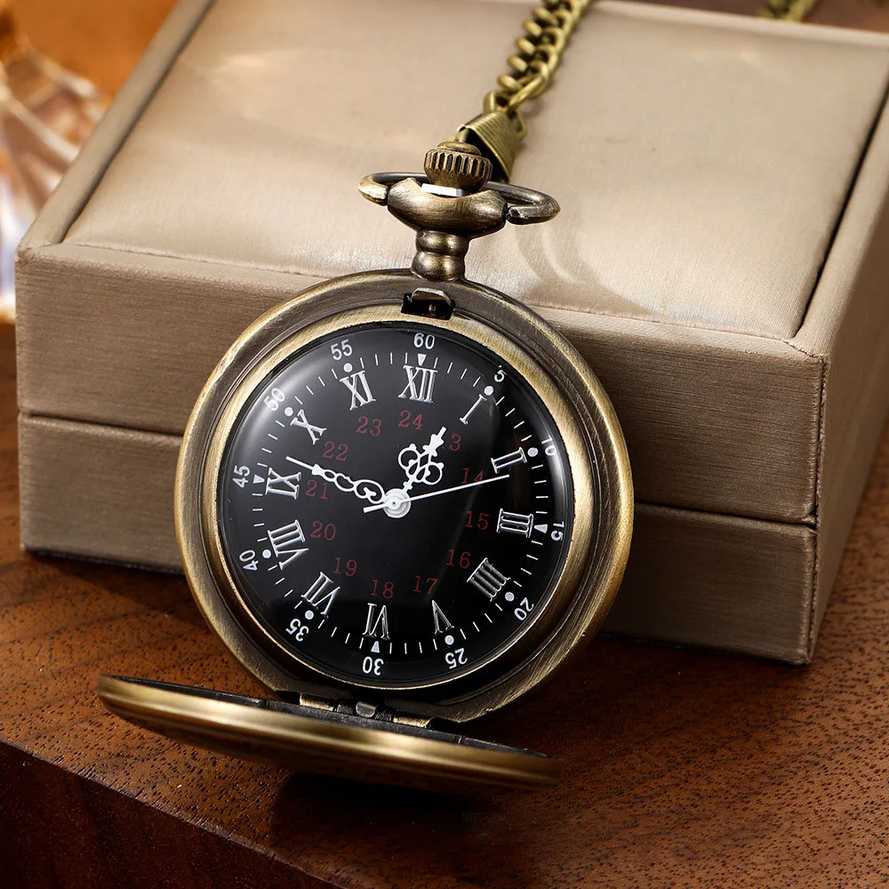 Vintage Charm Black Unisex Fashion Roman Number Quartz Steampunk Pocket Watch
