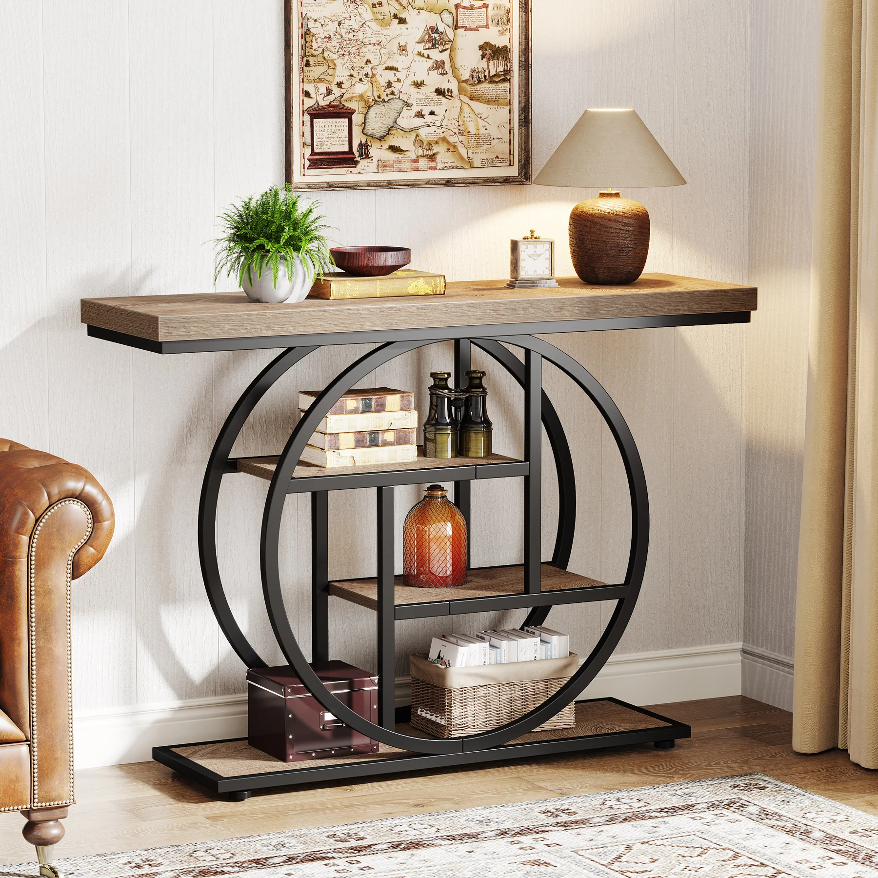 Tribesigns 41.3" Console Table, Industrial 4-Tier Sofa Table Entryway Table with Circle Base, Narrow Wood Accent Tables
