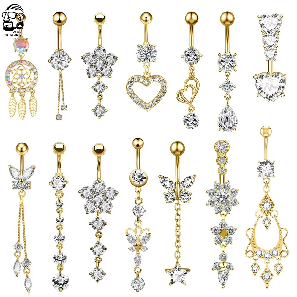 Belly Button Ring Butterfly-bow Dangled Navel Ring Piercing 14G Flower Heart Crystal CZs For Women Stainless Steel Belly Jewelry