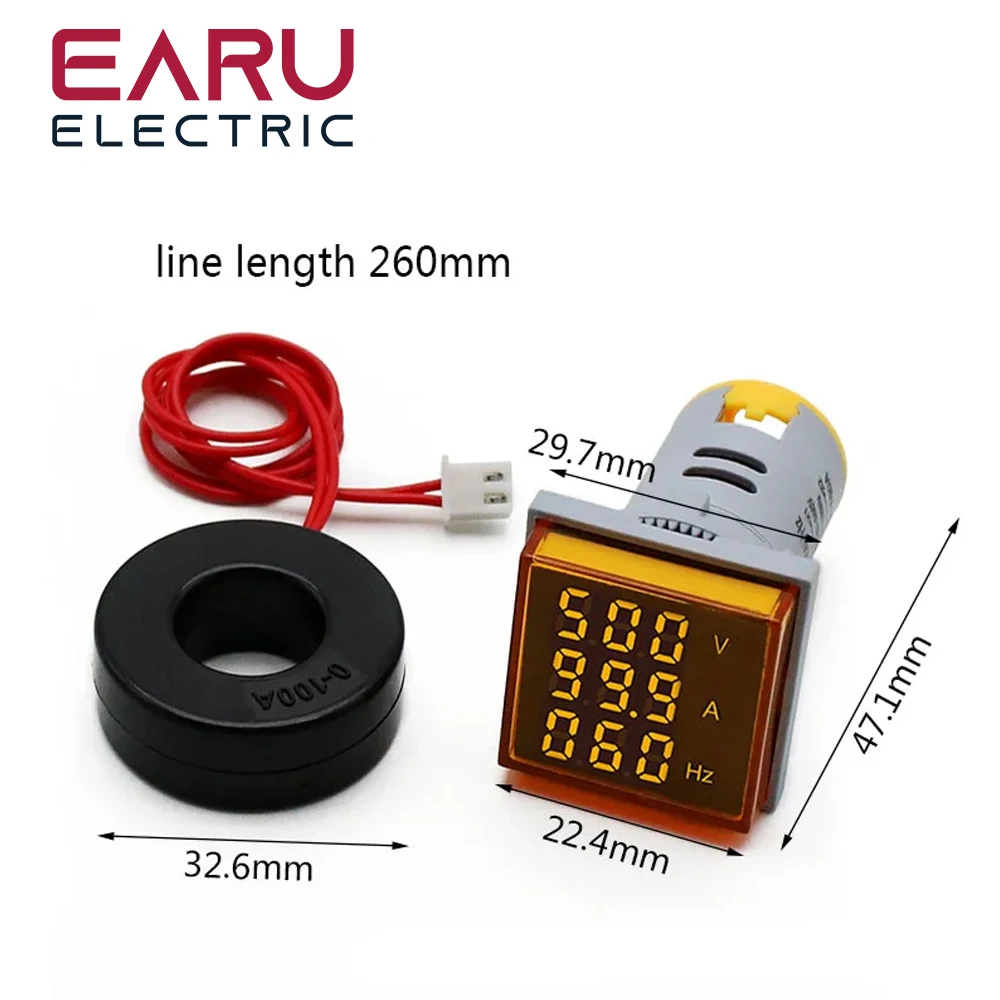 Square LED Digital Voltmeter Ammeter Hertz Meter AC20-500V Signal Lights Voltage