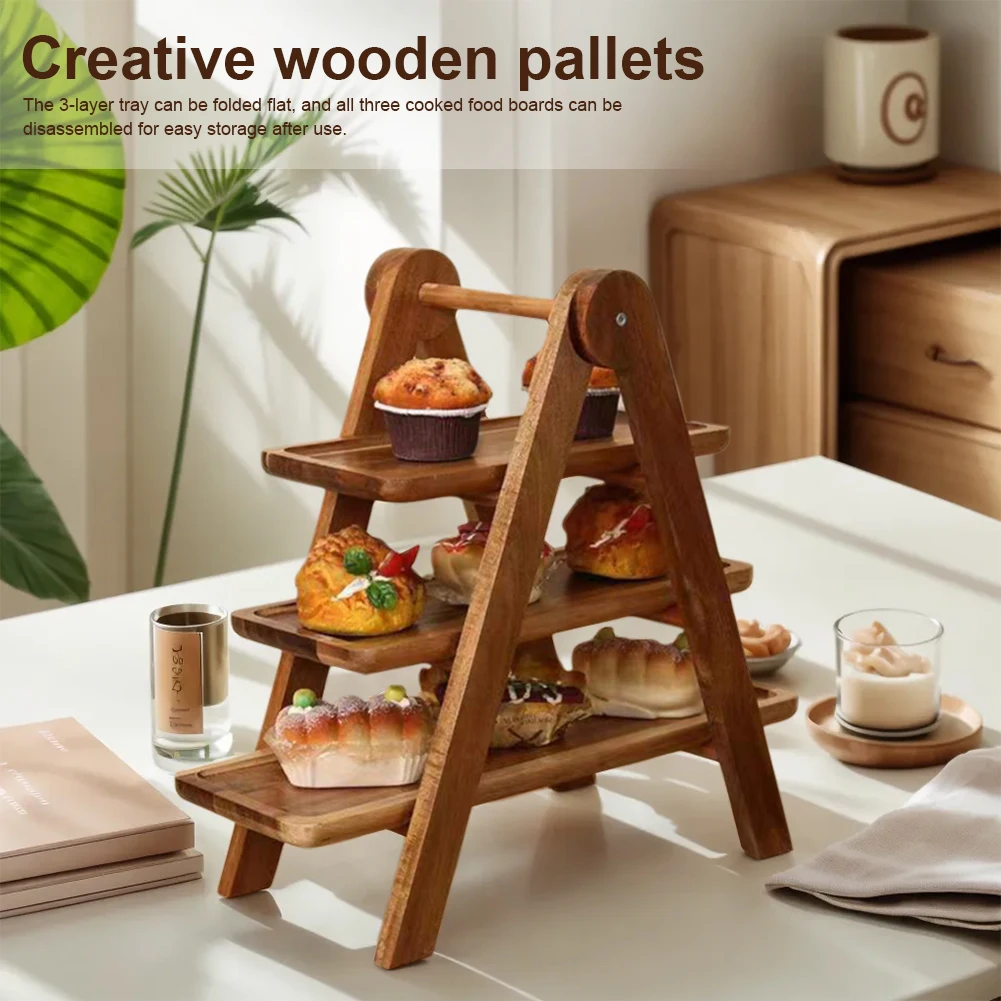 Wooden Serving Platter 3 Tier Serving Tray Multi-Function Rectangular Serving Stand Foldable Food Serving Rack for Wedding Party