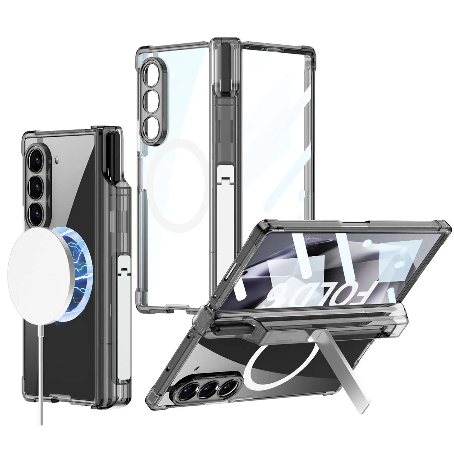 Robuste, stark sturzsichere TPU-Schutzhülle für Samsung Galaxy Z Fold 6, magnetische Aufladung, mit Telefonständer, Glasbildschirmfolie_voghion.com