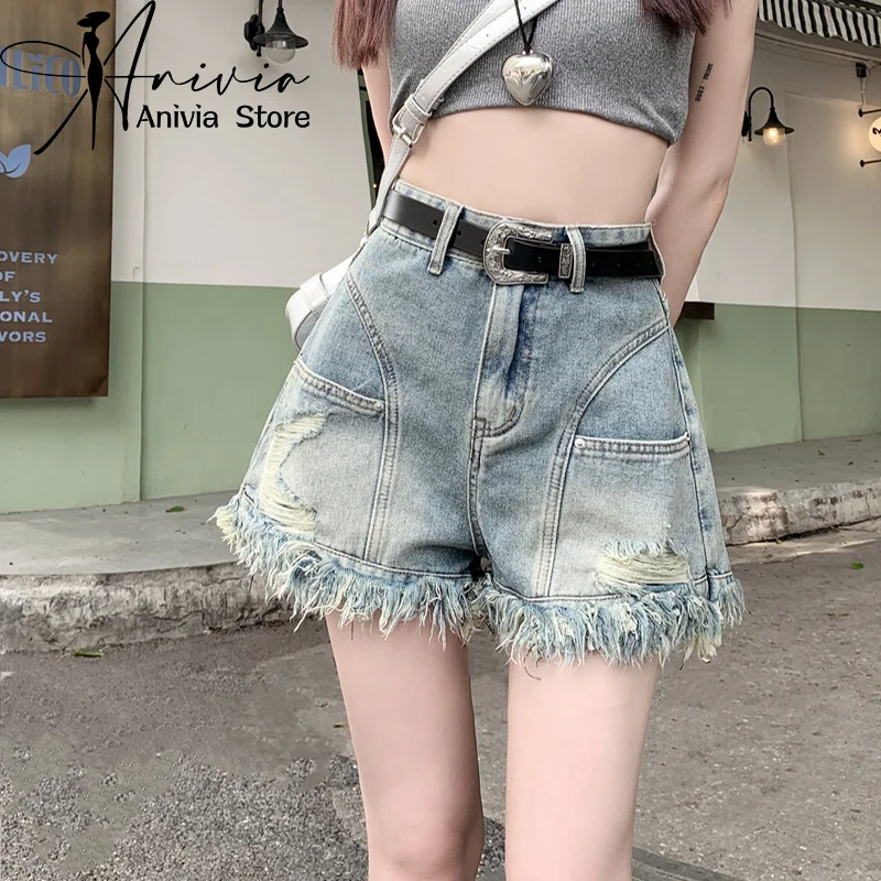 

Anivia Women's Summer American Vintage Jeans Blue High Street Button Spliced Ragged Y2K Design Loose Wide Leg Denim Shorts 2024