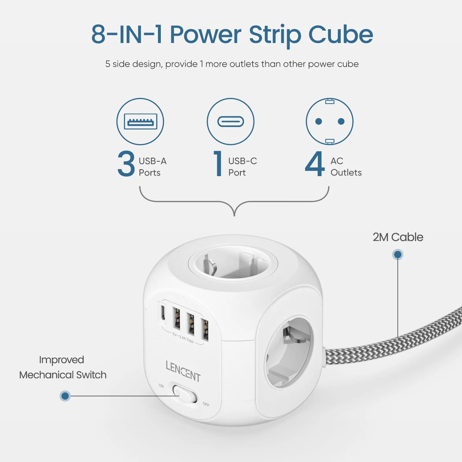 Power Strip LENCENT EU Plug with 4 AC Outlets 3 USB Port 1 Type C 2M/3M Braided Cable Multi Socket with Switch for Home
